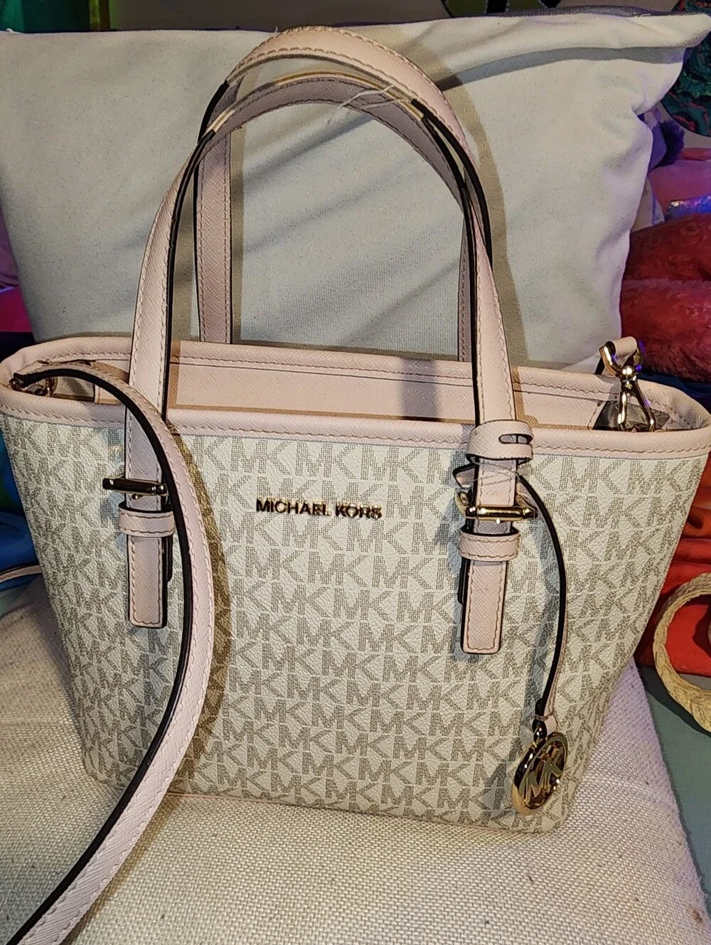 Michael Kors Jet Set Signature Monogram Light Pink and Beige Crossbody Purse